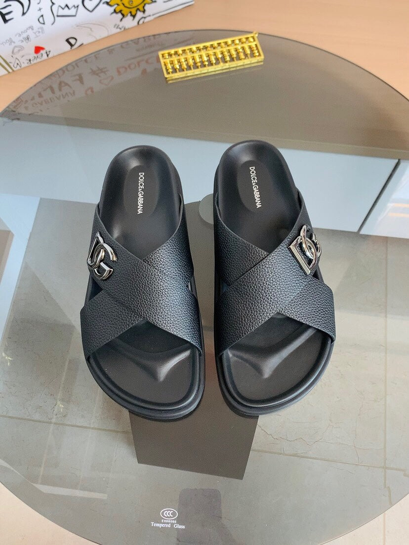 Dolce & Gabbana DG Men's Leather Strap Sandals with Aluminum Buckle