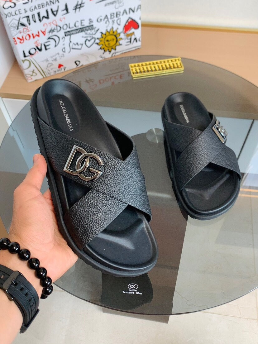 Dolce & Gabbana DG Men's Leather Strap Sandals with Aluminum Buckle