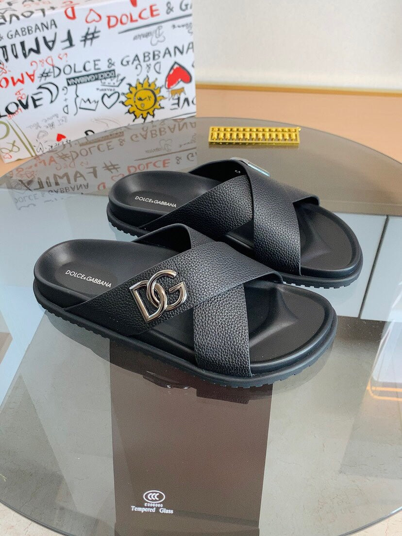 Dolce & Gabbana DG Men's Leather Strap Sandals with Aluminum Buckle