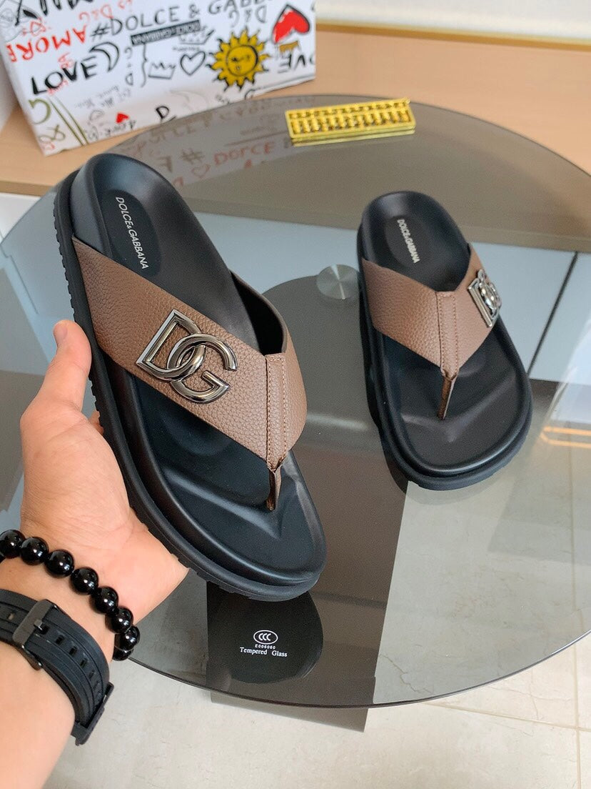 Dolce & Gabbana DG Men's Leather Strap Sandals with Aluminum Buckle