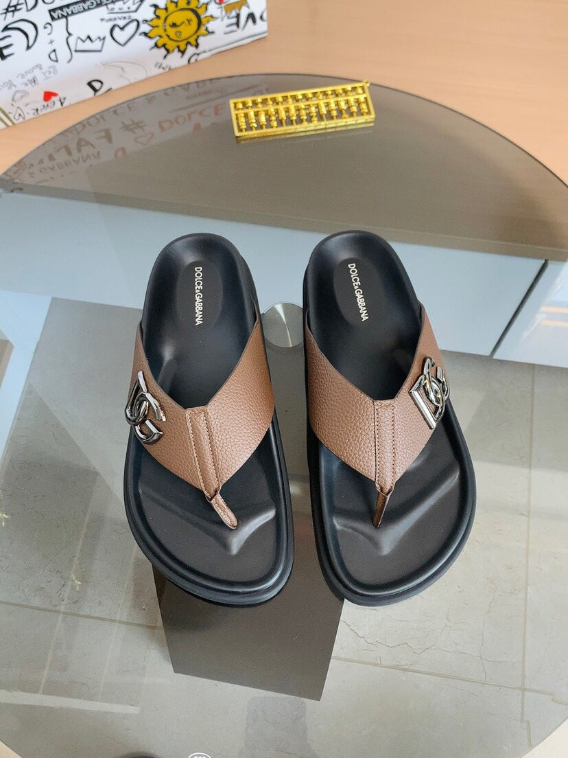 Dolce & Gabbana DG Men's Leather Strap Sandals with Aluminum Buckle