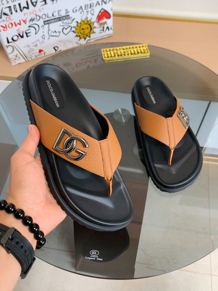 Dolce & Gabbana DG Men's Leather Strap Sandals with Aluminum Buckle