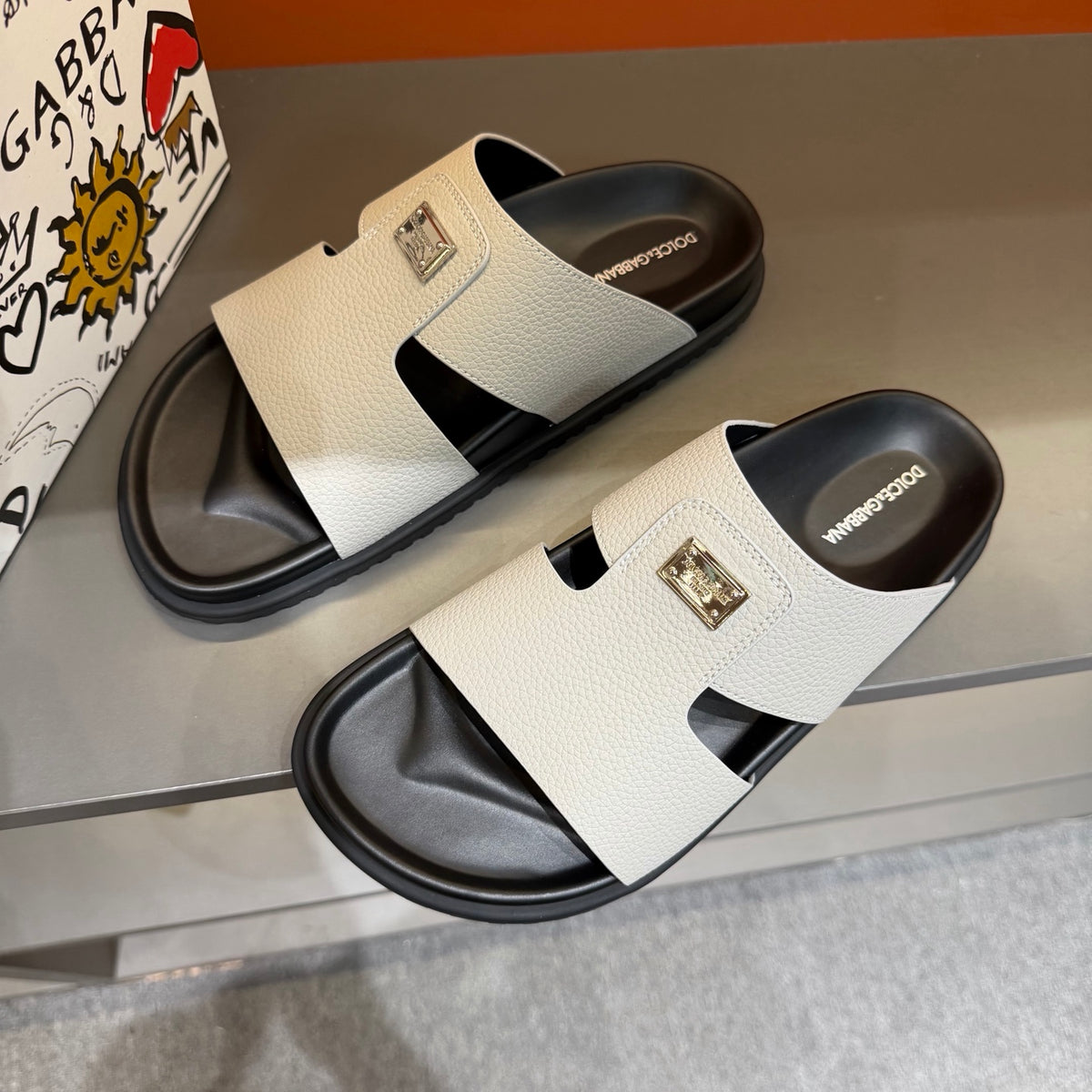 Dolce & Gabbana DG Men's Leather Strap Sandals with Aluminum Buckle