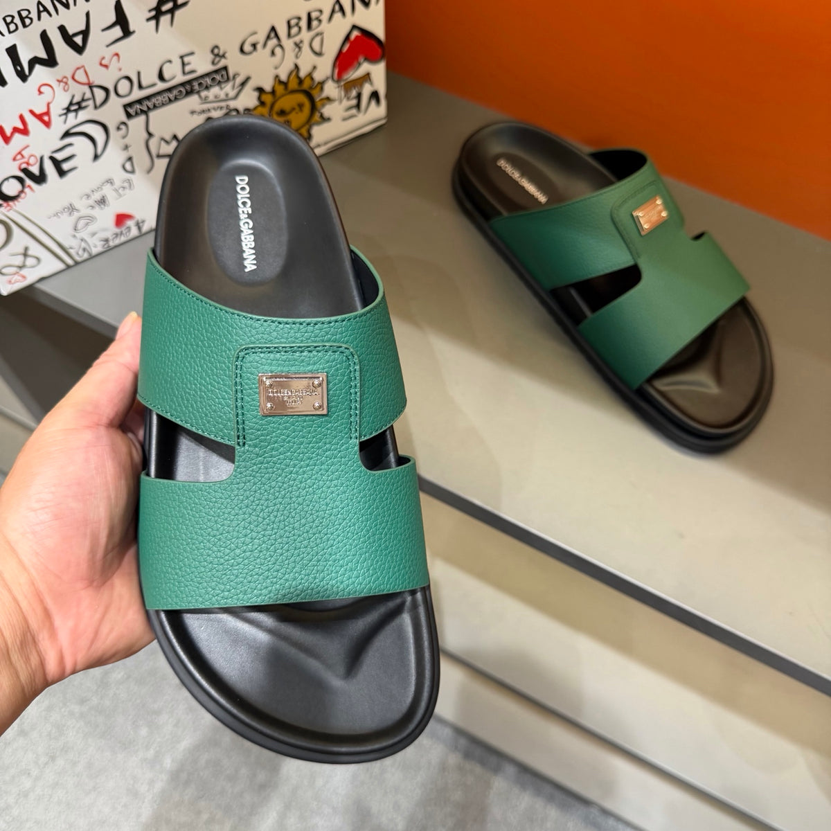 Dolce & Gabbana DG Men's Leather Strap Sandals with Aluminum Buckle