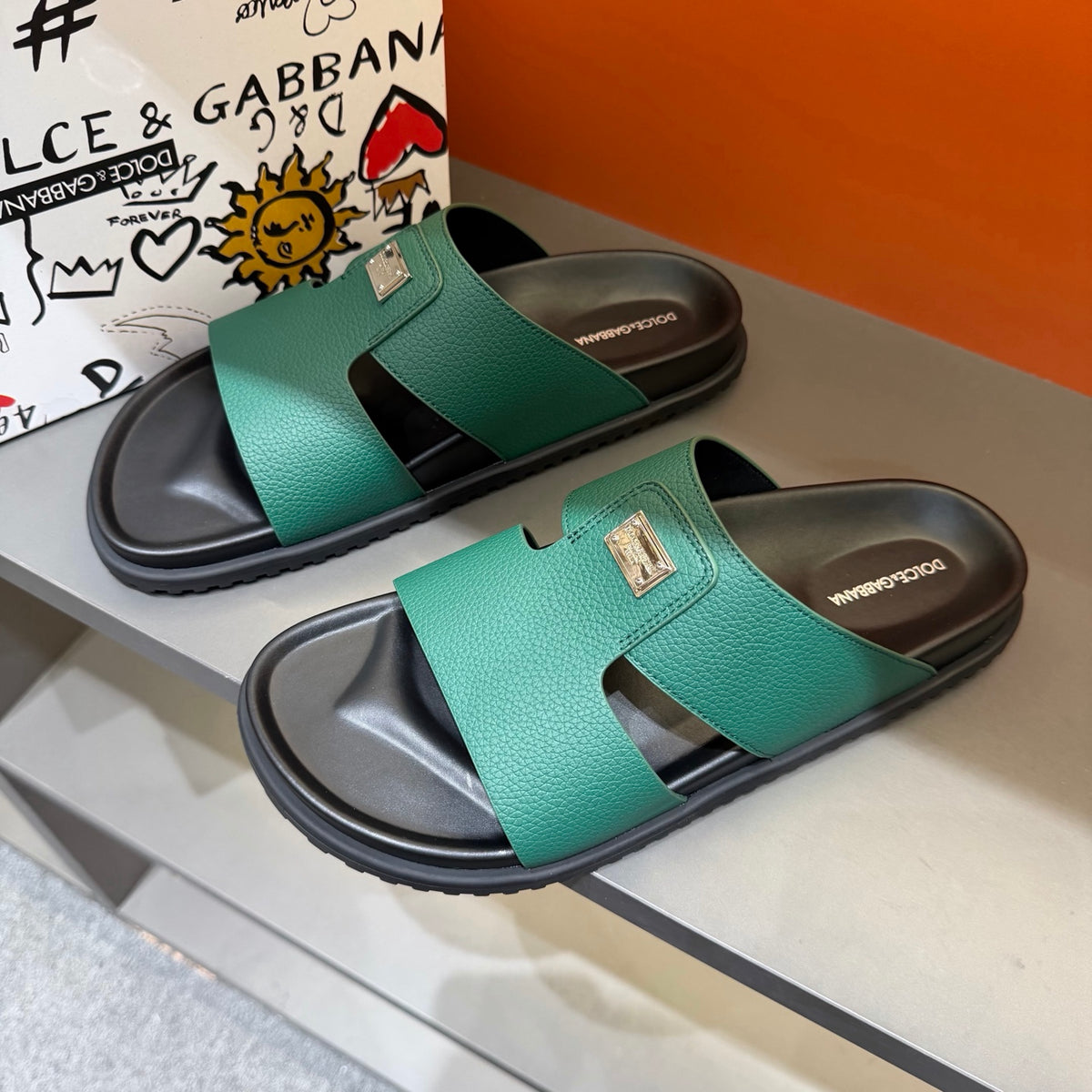 Dolce & Gabbana DG Men's Leather Strap Sandals with Aluminum Buckle