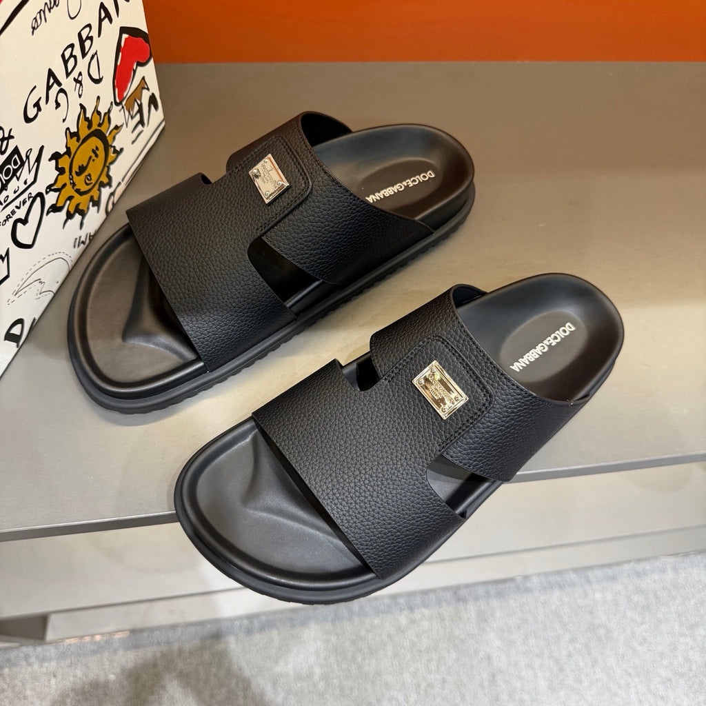 Dolce & Gabbana DG Men's Leather Strap Sandals with Aluminum Buckle