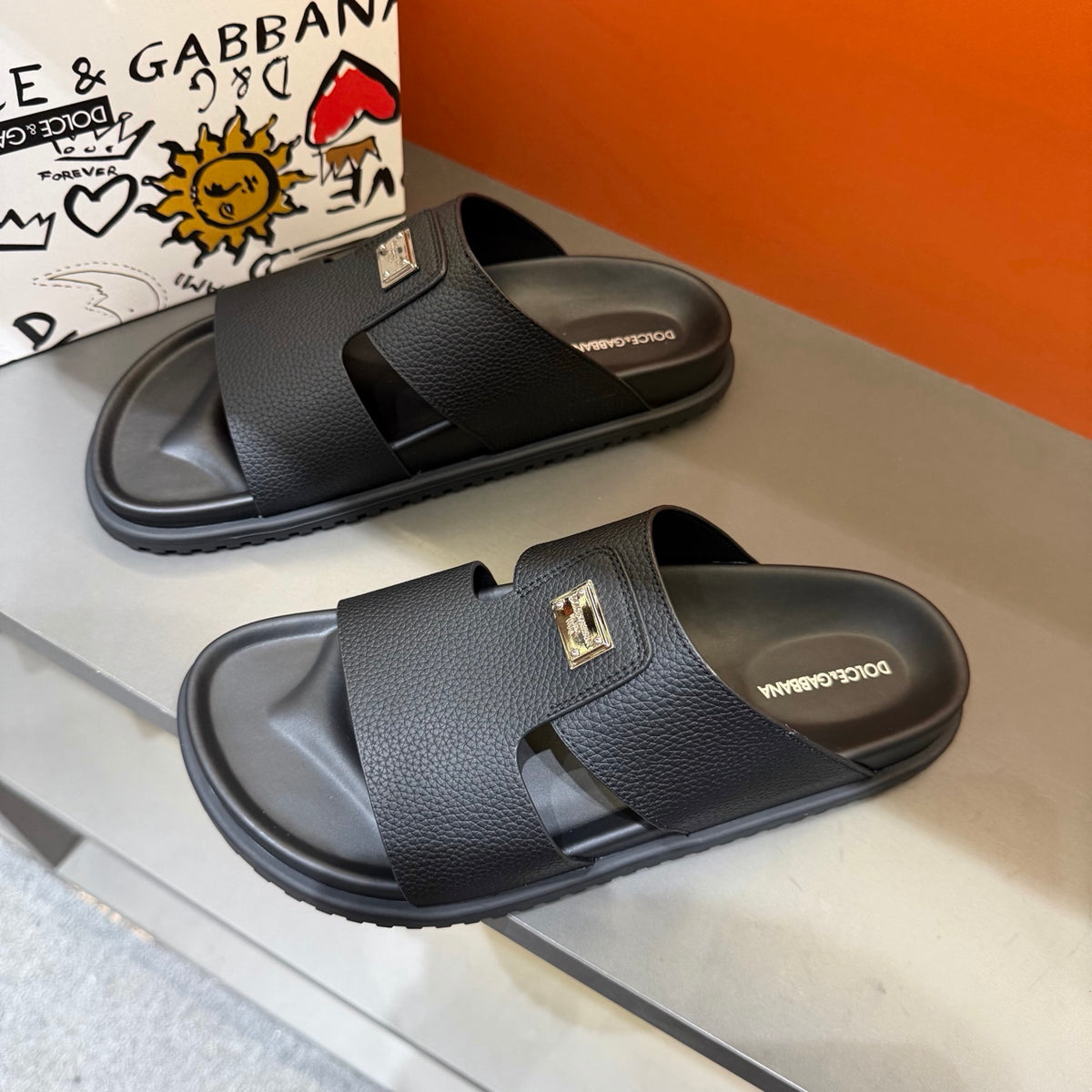 Dolce & Gabbana DG Men's Leather Strap Sandals with Aluminum Buckle