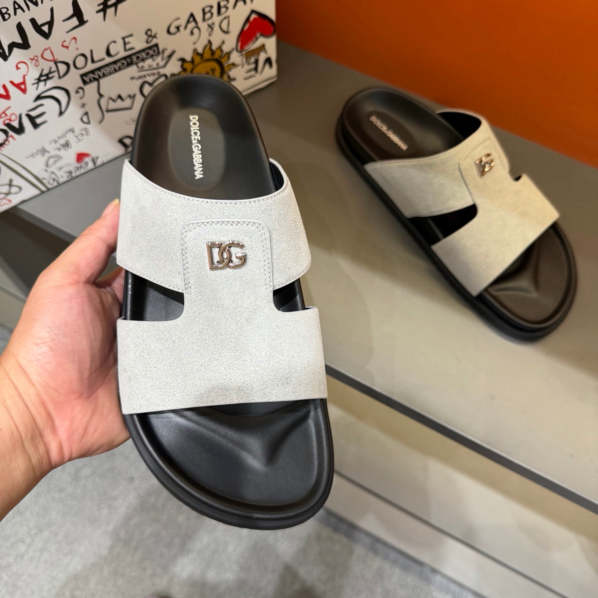 Dolce & Gabbana DG Men's Leather Strap Sandals with Aluminum Buckle