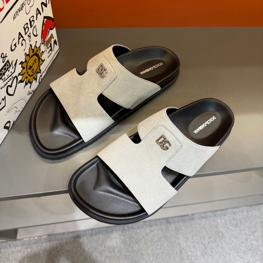 Dolce & Gabbana DG Men's Leather Strap Sandals with Aluminum Buckle