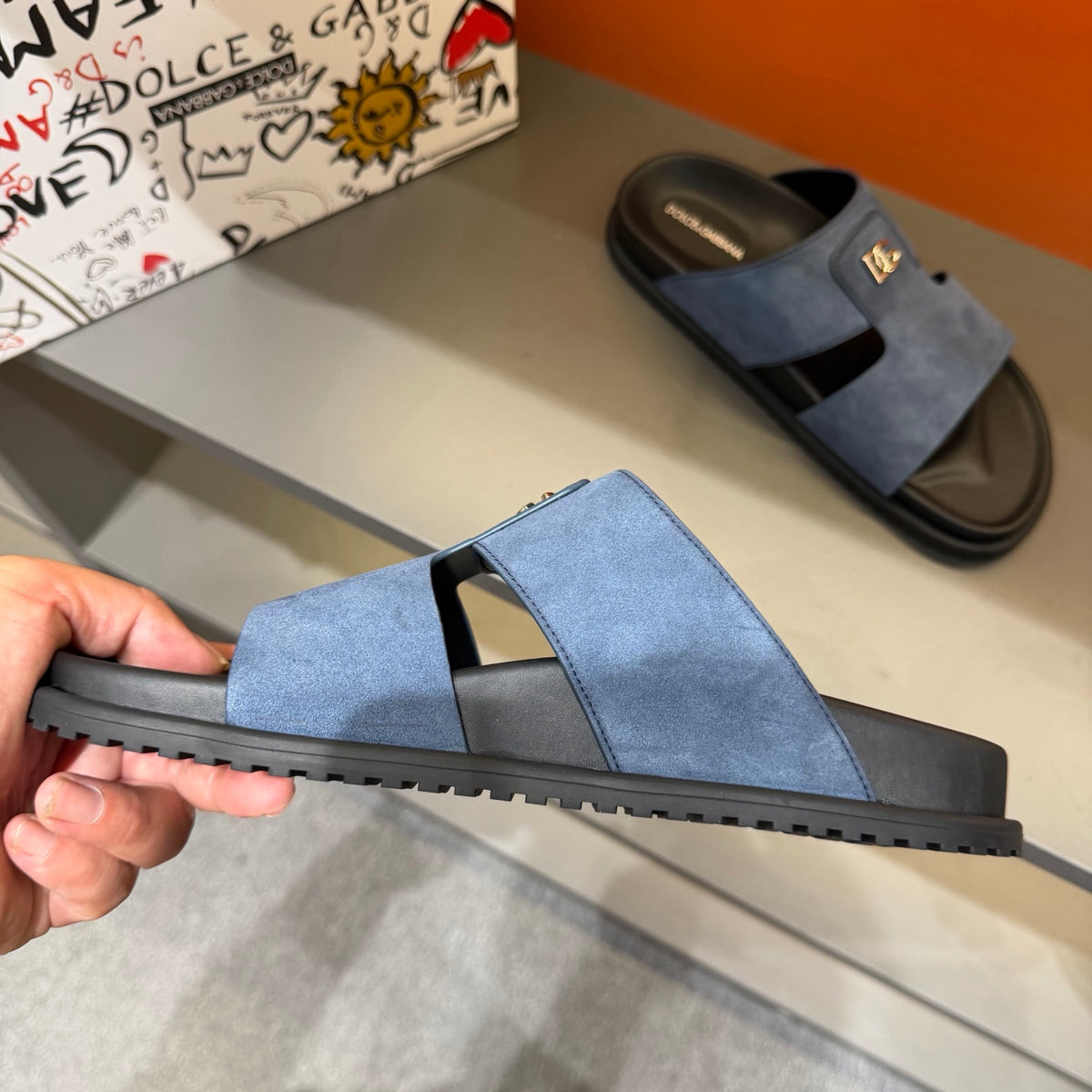 Dolce & Gabbana DG Men's Leather Strap Sandals with Aluminum Buckle