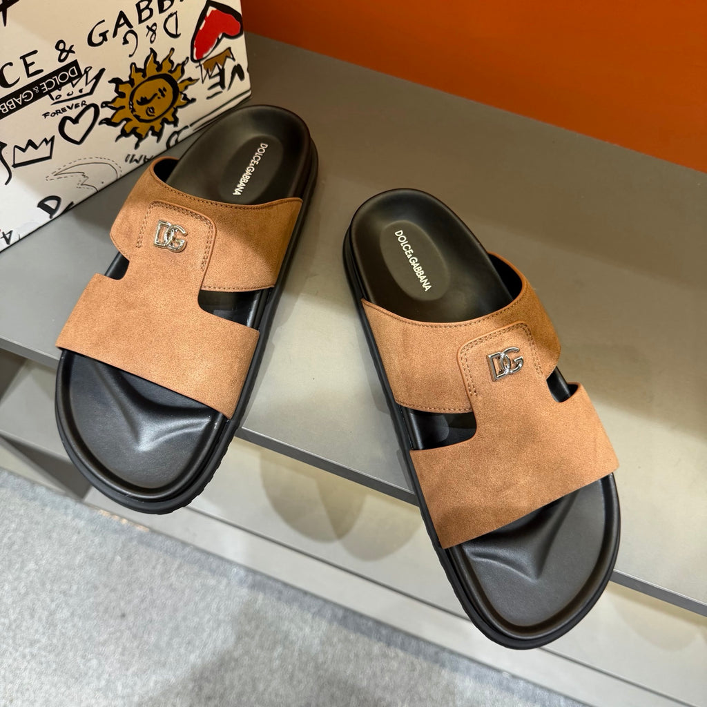 Dolce & Gabbana DG Men's Leather Strap Sandals with Aluminum Buckle