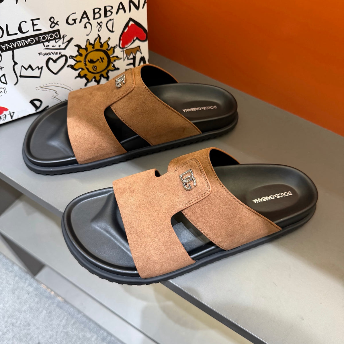 Dolce & Gabbana DG Men's Leather Strap Sandals with Aluminum Buckle