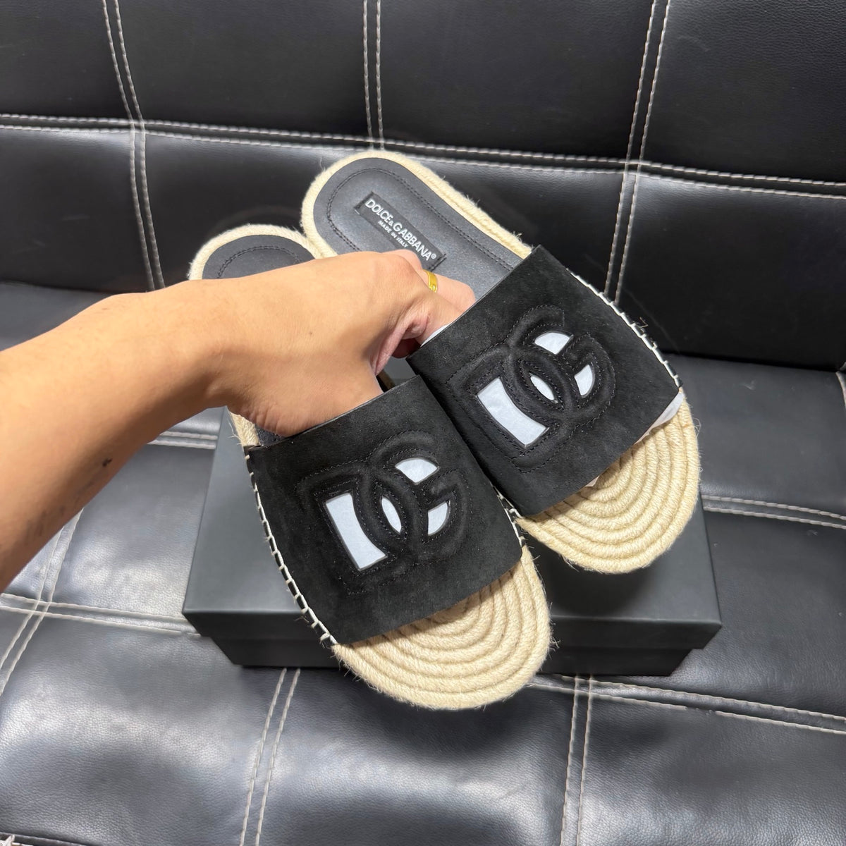 Dolce & Gabbana DG Men's Leather Strap Sandals with Aluminum Buckle