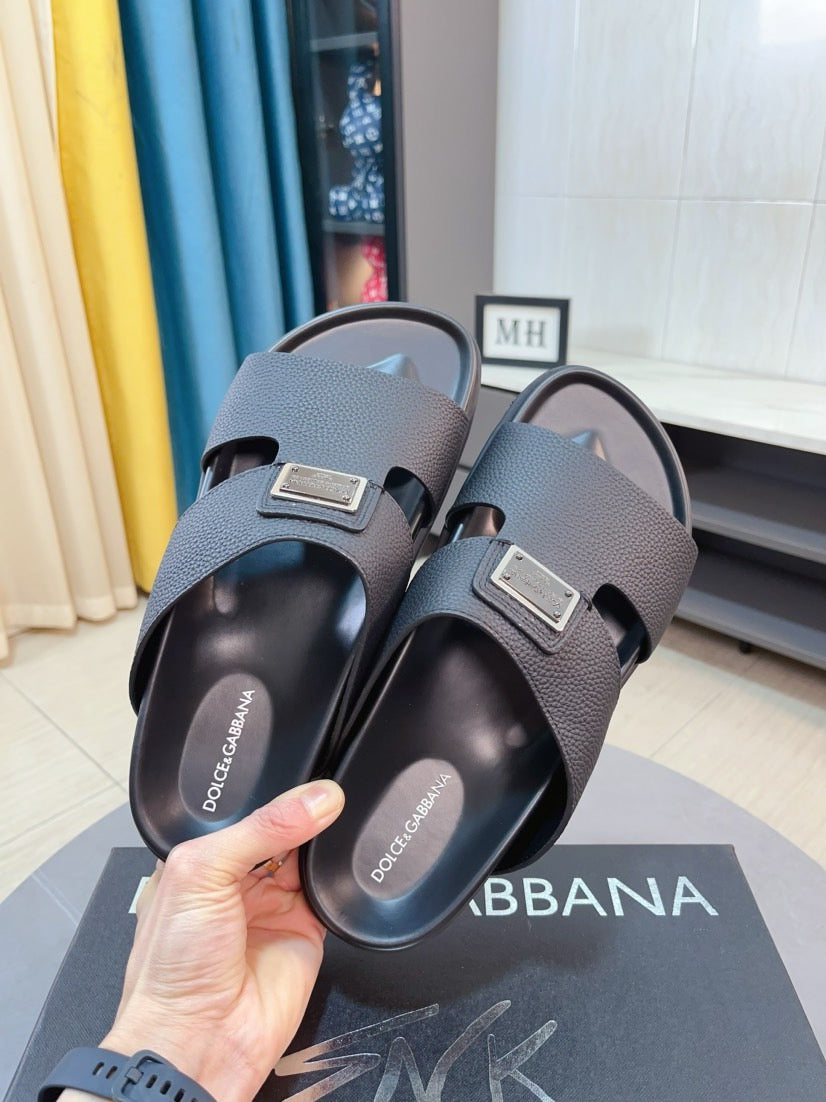 Dolce & Gabbana DG Men's Leather Strap Sandals with Aluminum Buckle