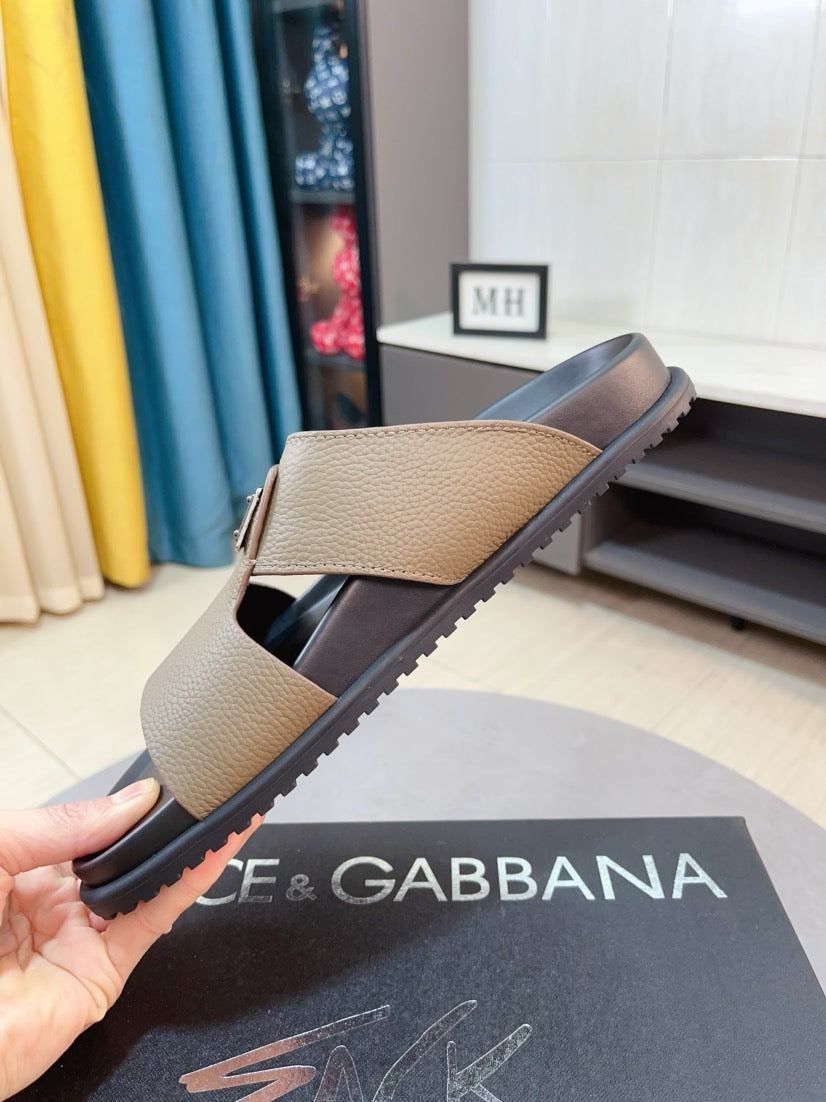 Dolce & Gabbana DG Men's Leather Strap Sandals with Aluminum Buckle