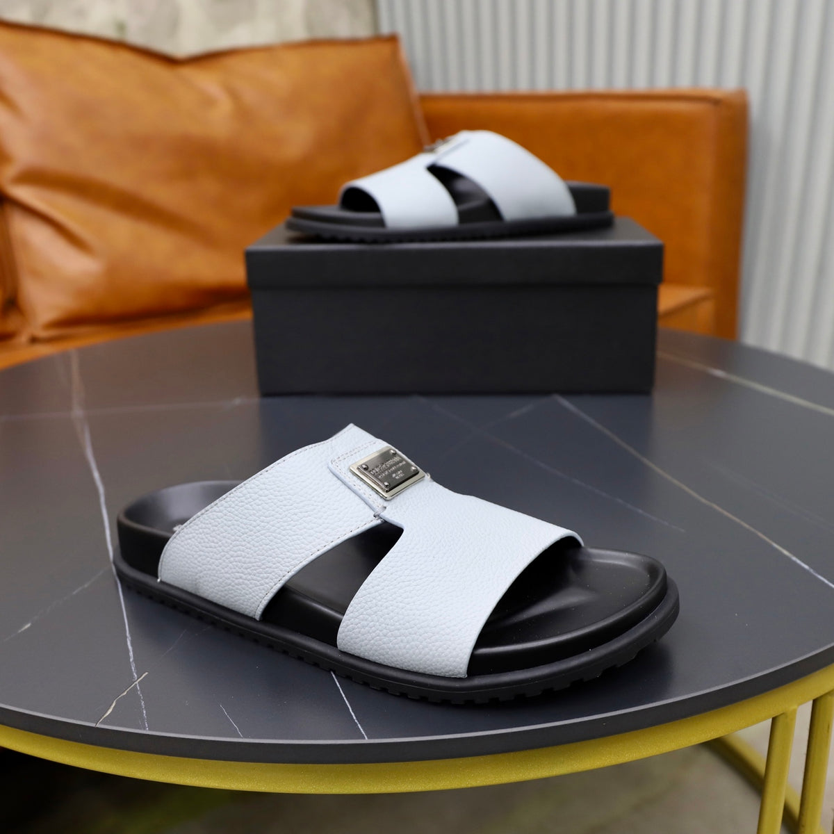 Dolce & Gabbana DG Men's Structured-Logo Slides in Leather
