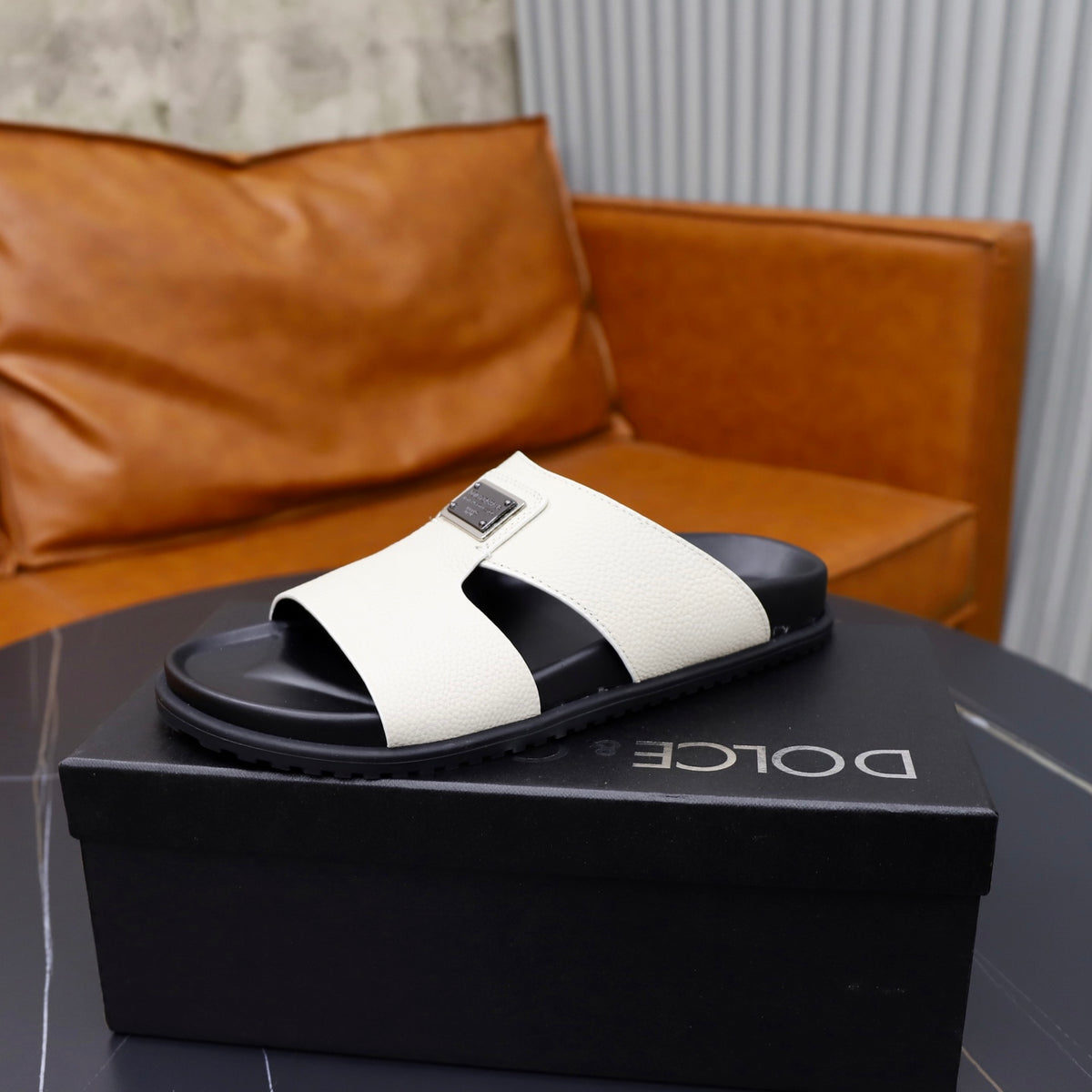 Dolce & Gabbana DG Men's Structured-Logo Slides in Leather