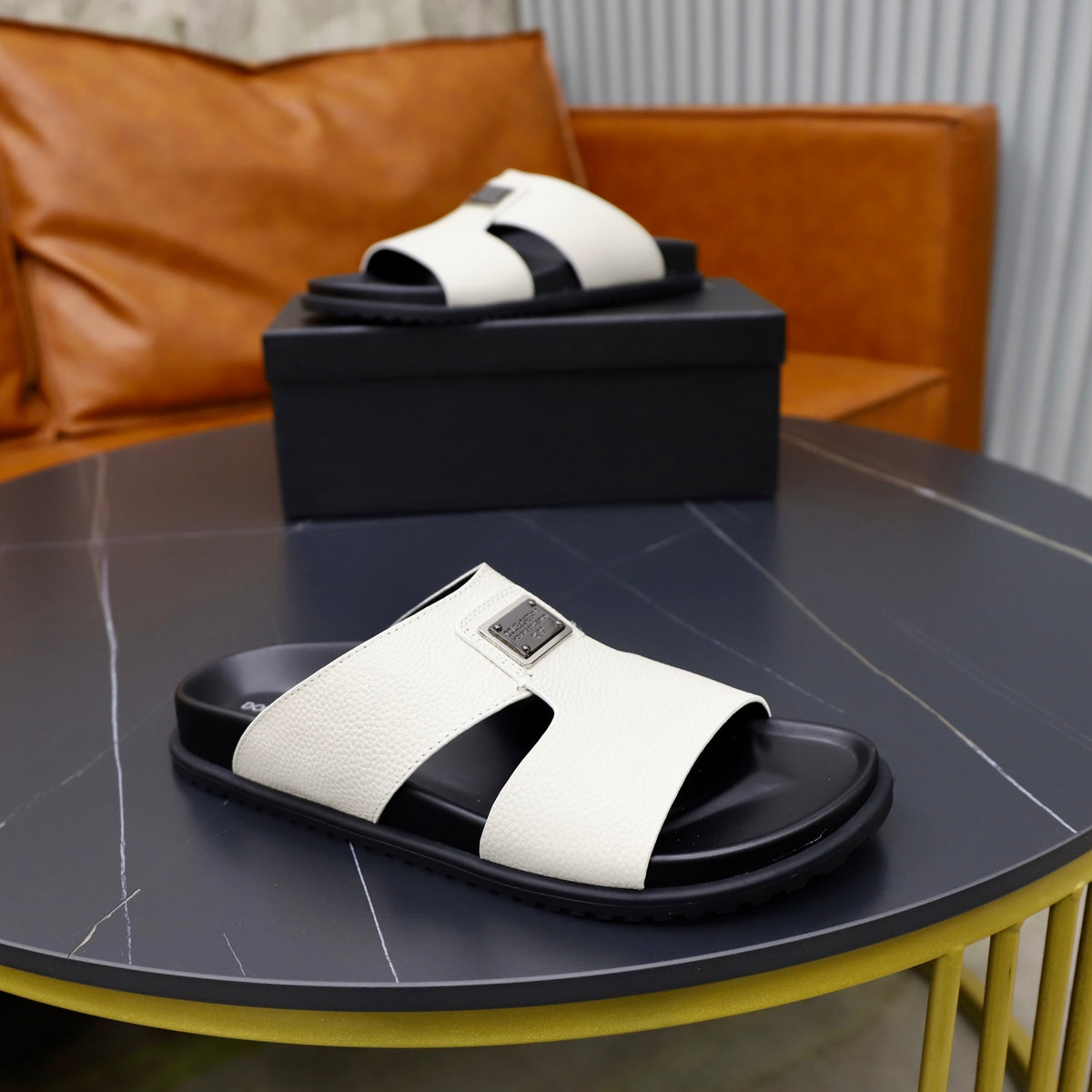 Dolce & Gabbana DG Men's Structured-Logo Slides in Leather