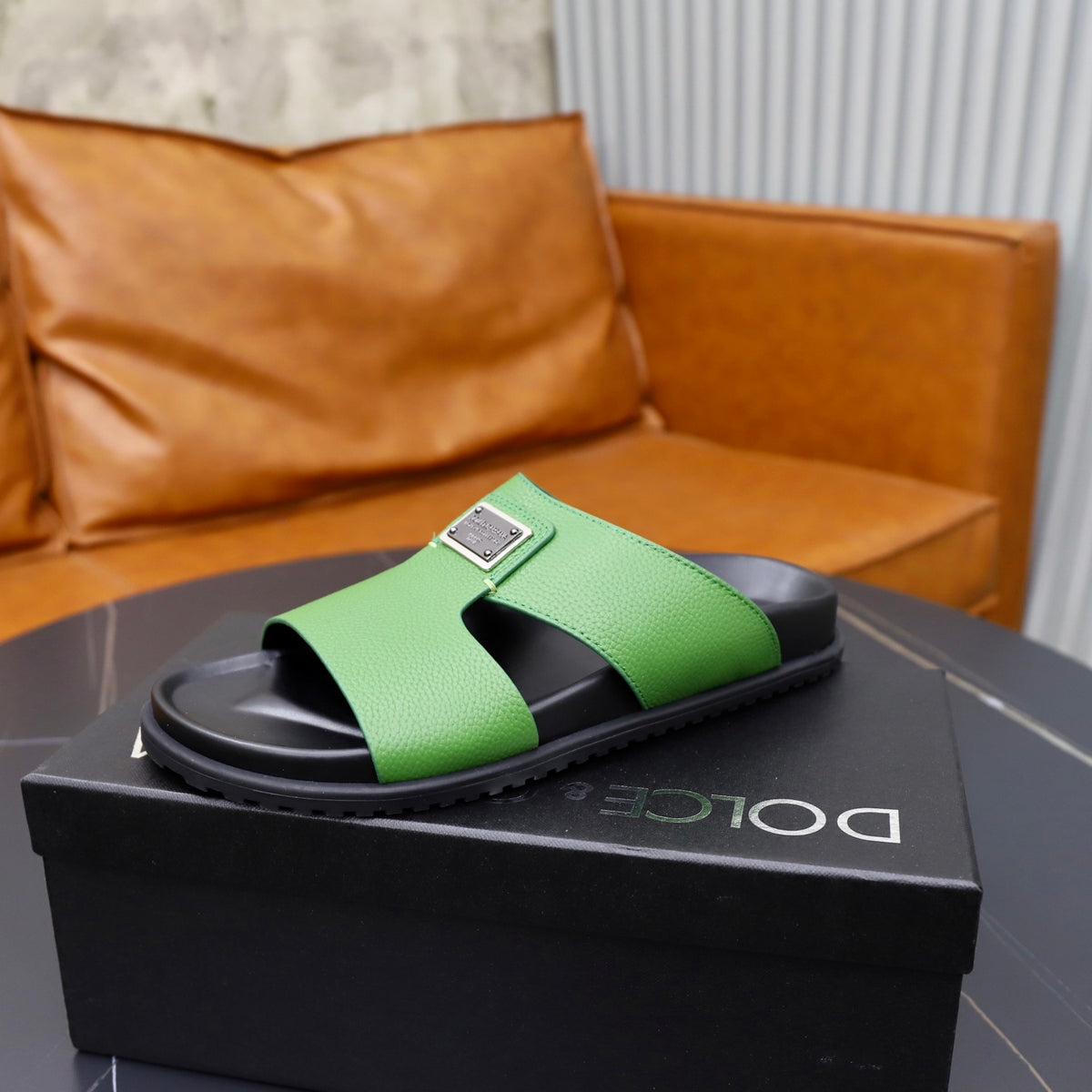Dolce & Gabbana DG Men's Structured-Logo Slides in Leather