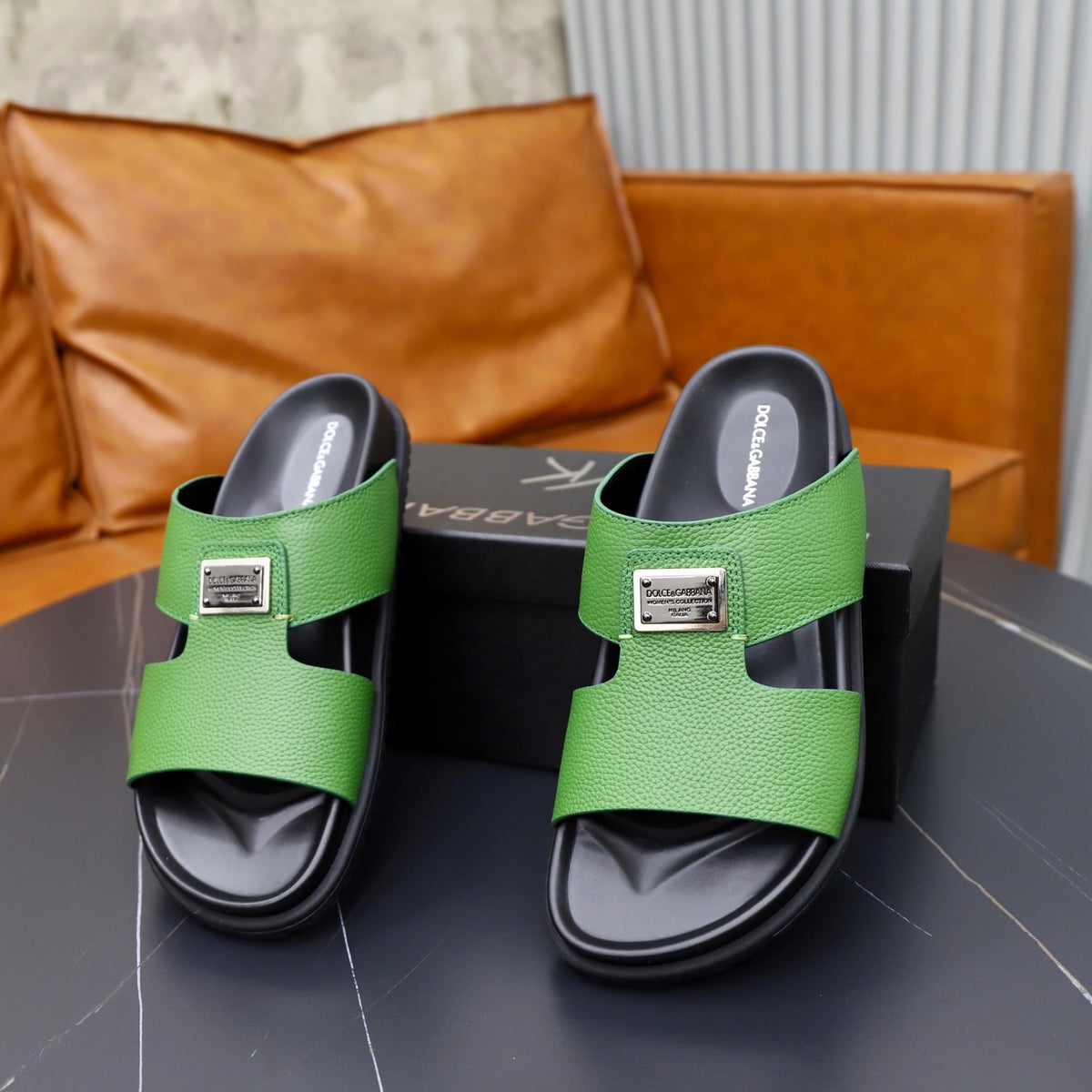 Dolce & Gabbana DG Men's Structured-Logo Slides in Leather