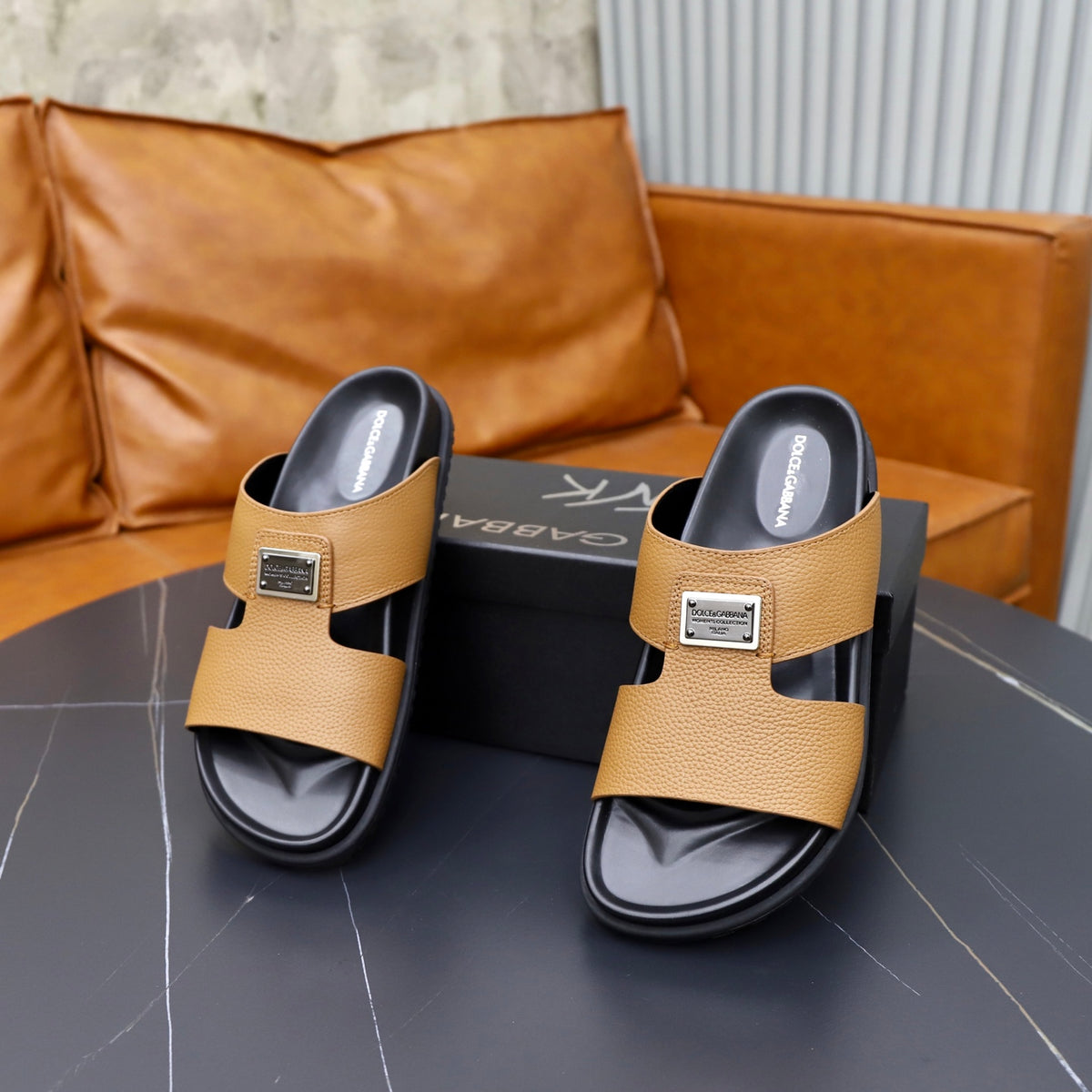 Dolce & Gabbana DG Men's Structured-Logo Slides in Leather