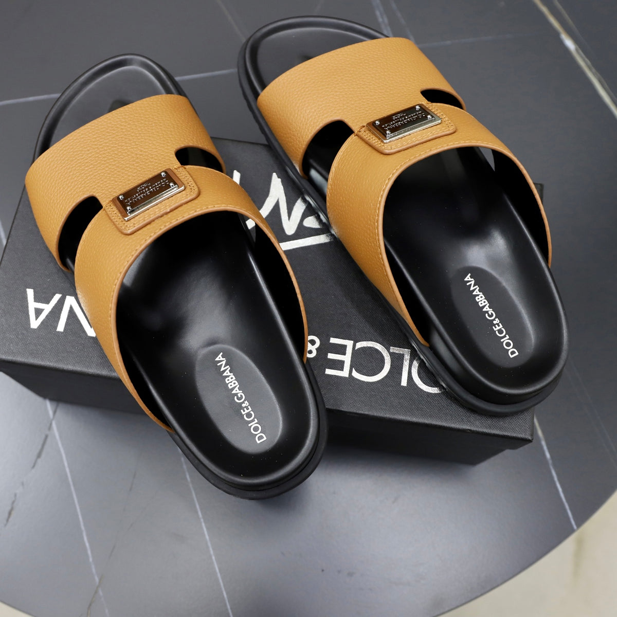 Dolce & Gabbana DG Men's Structured-Logo Slides in Leather