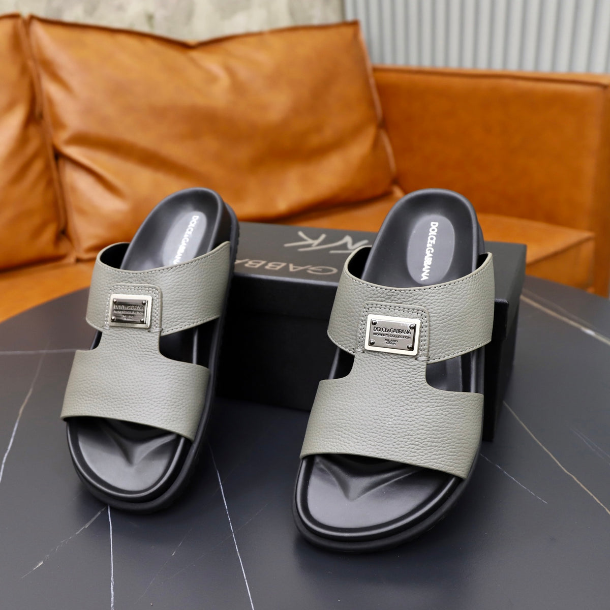 Dolce & Gabbana DG Men's Structured-Logo Slides in Leather