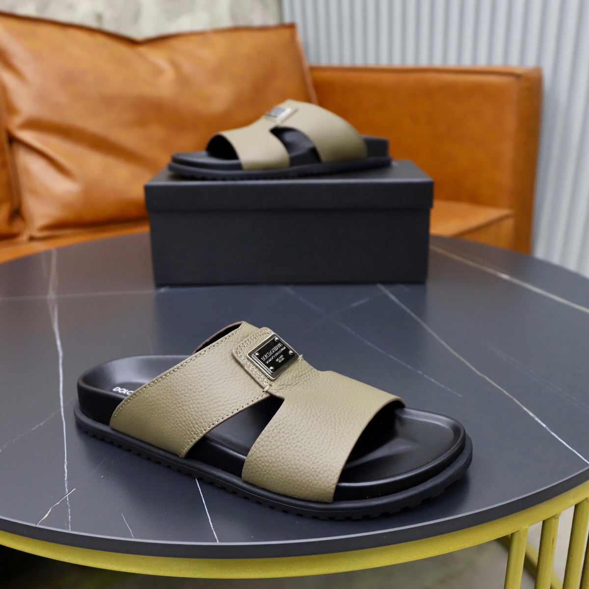 Dolce & Gabbana DG Men's Structured-Logo Slides in Leather
