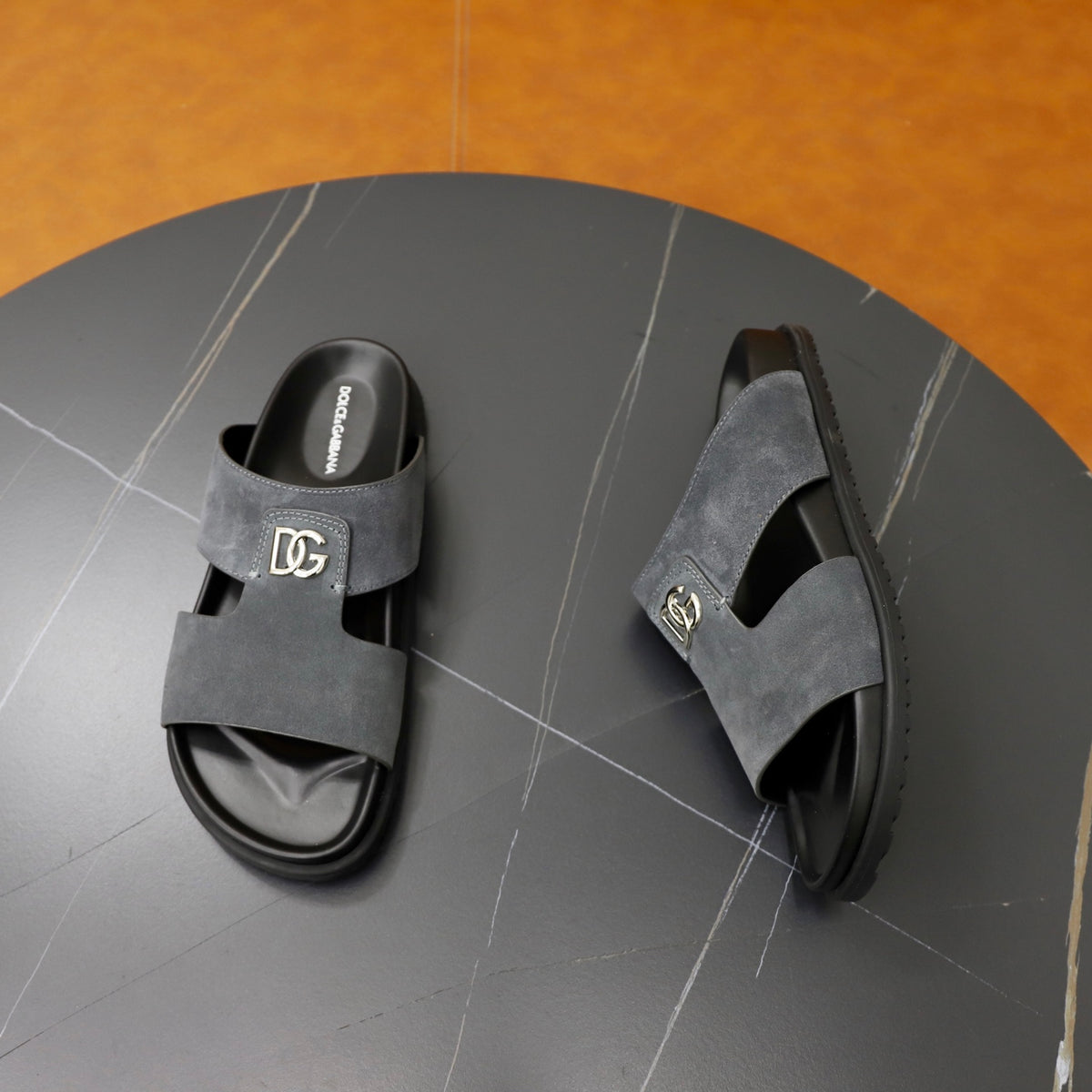 Dolce & Gabbana DG Men's Structured-Logo Slides in Leather