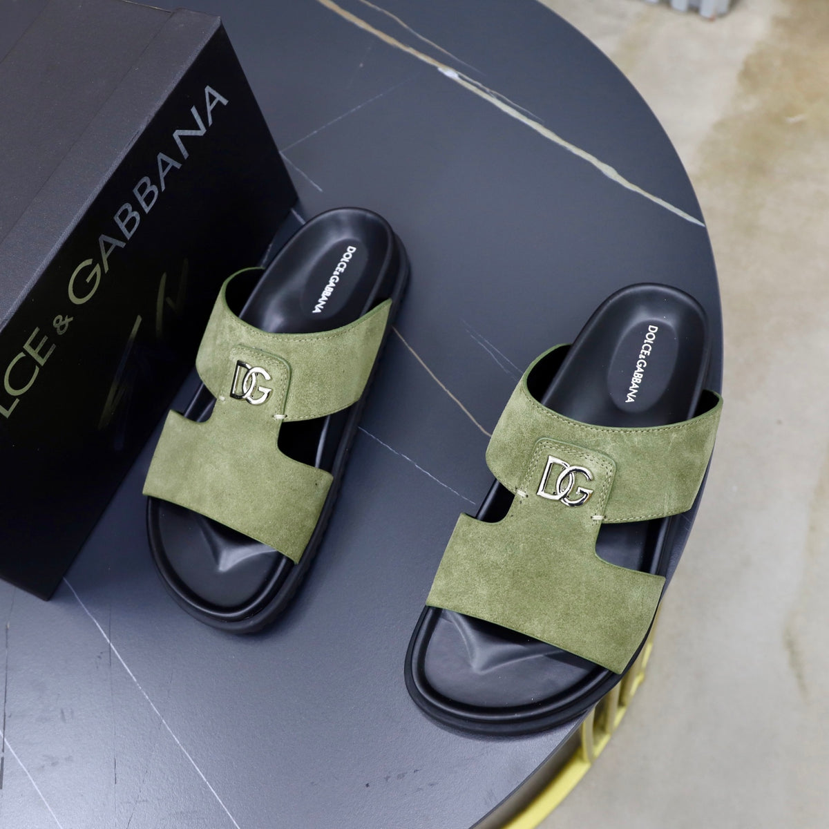 Dolce & Gabbana DG Men's Structured-Logo Slides in Leather