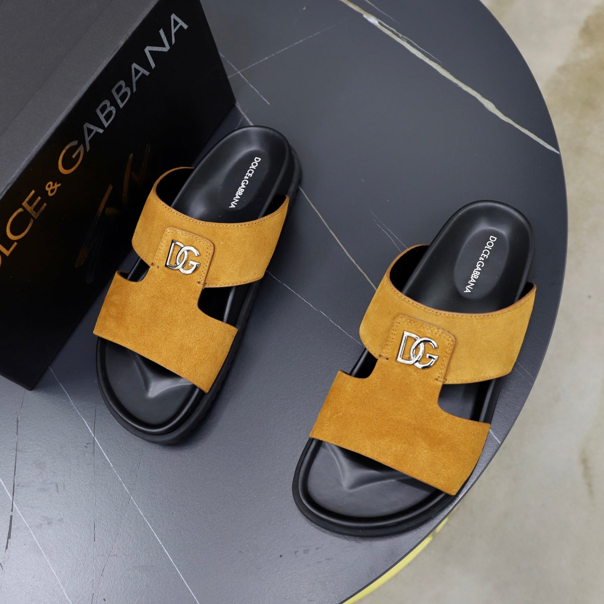 Dolce & Gabbana DG Men's Structured-Logo Slides in Leather