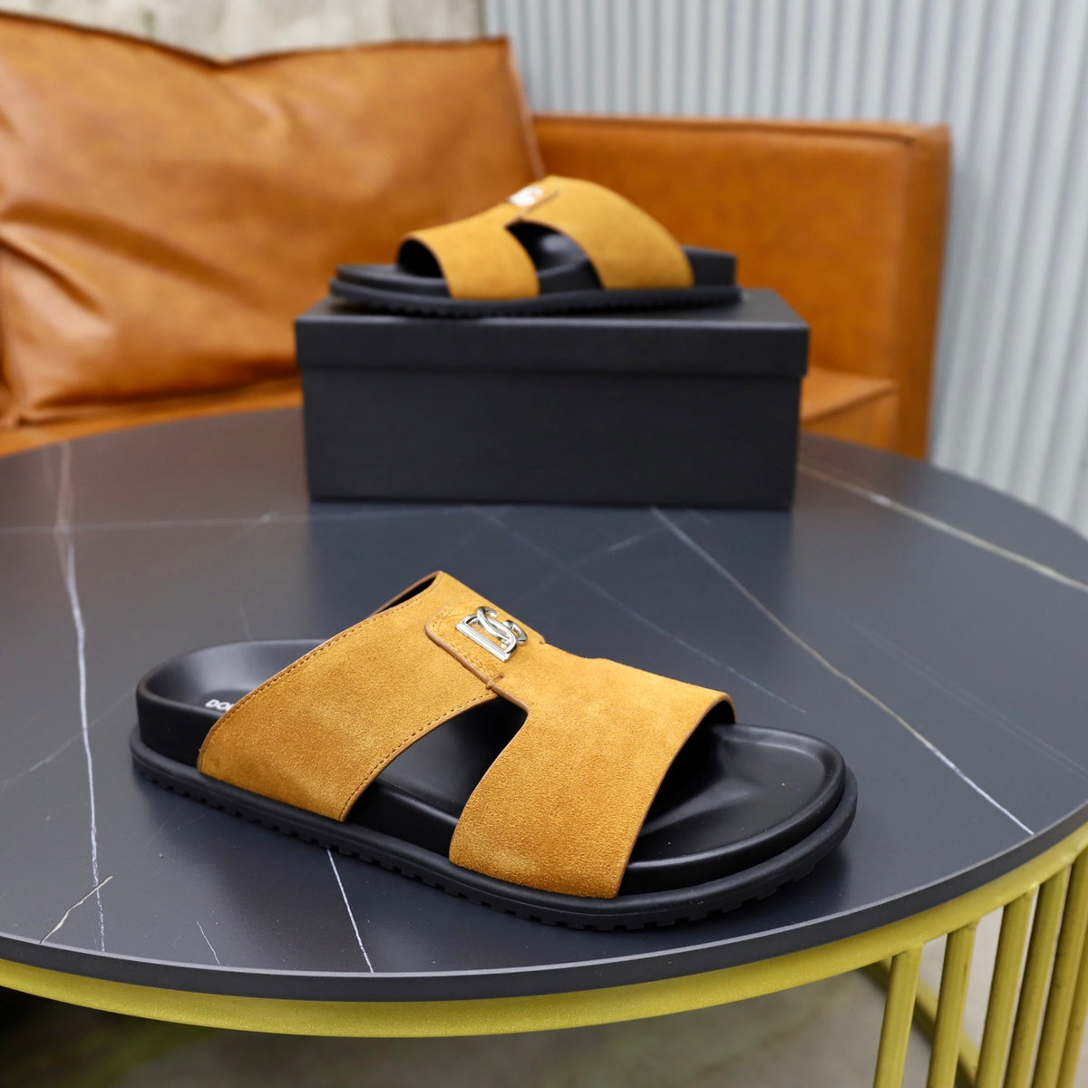 Dolce & Gabbana DG Men's Structured-Logo Slides in Leather