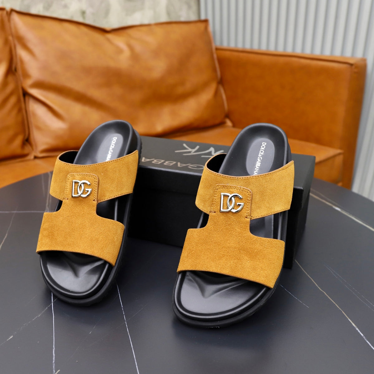 Dolce & Gabbana DG Men's Structured-Logo Slides in Leather