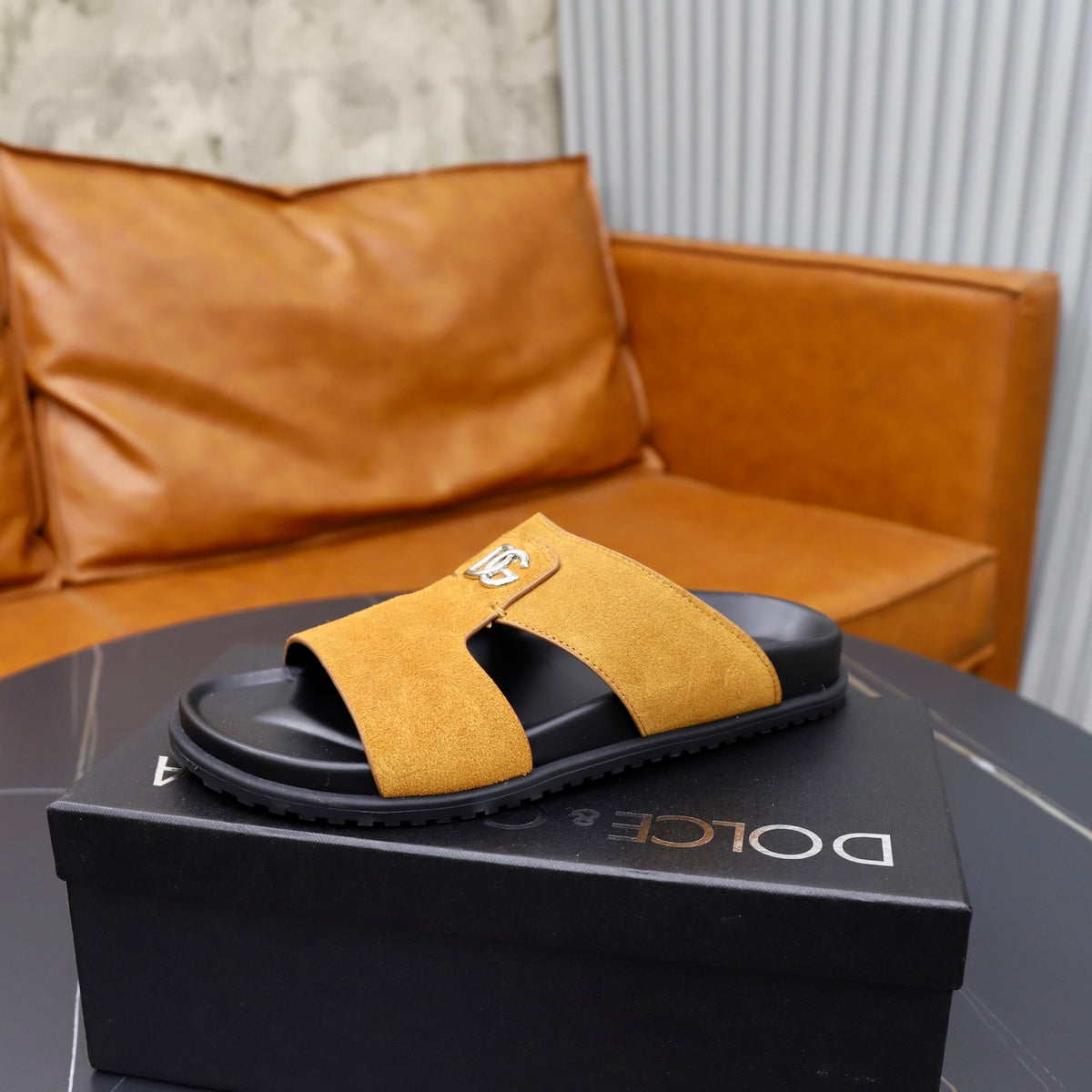 Dolce & Gabbana DG Men's Structured-Logo Slides in Leather